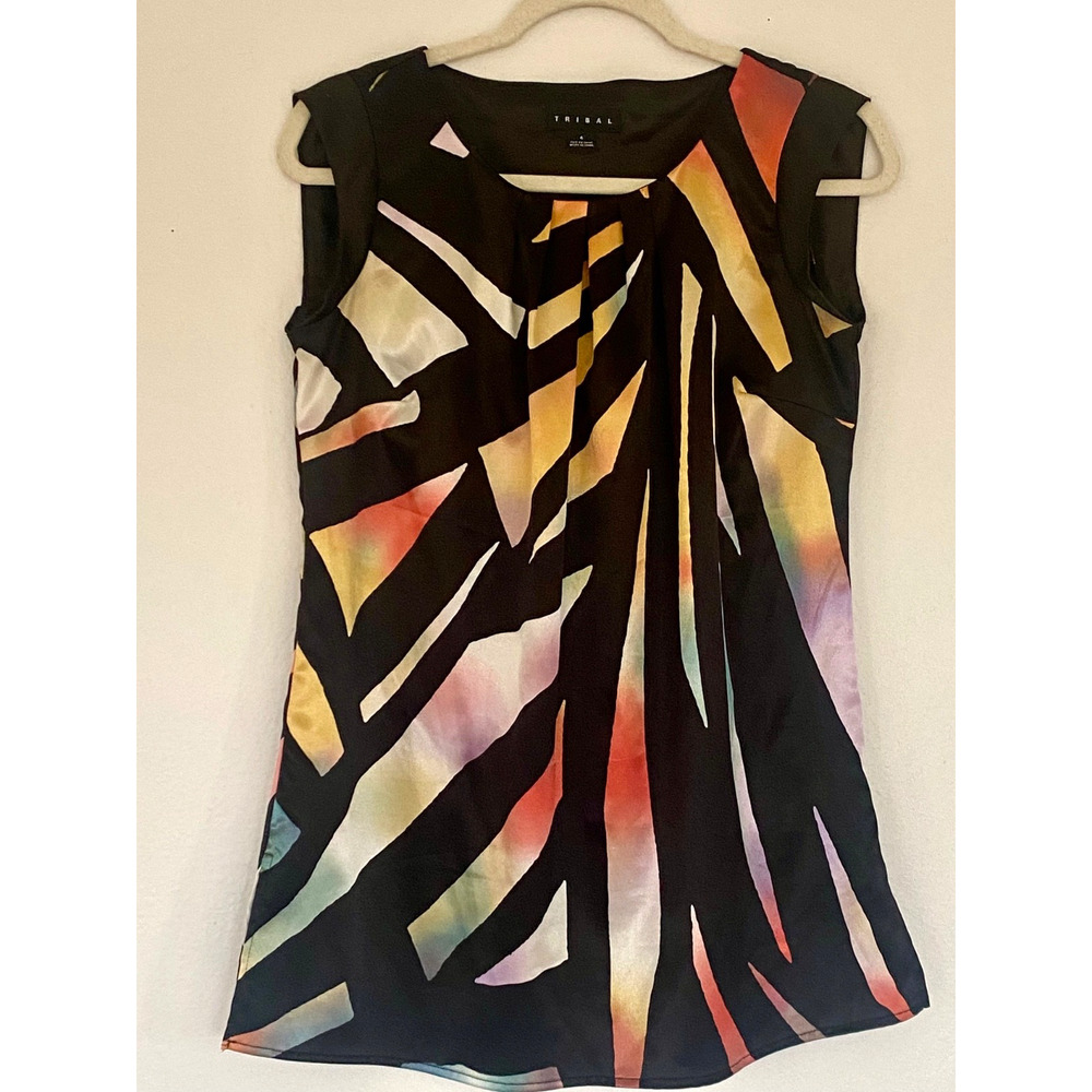 Tribal Womens Sleeveless Blouse Abstract Chic Pleated size 4